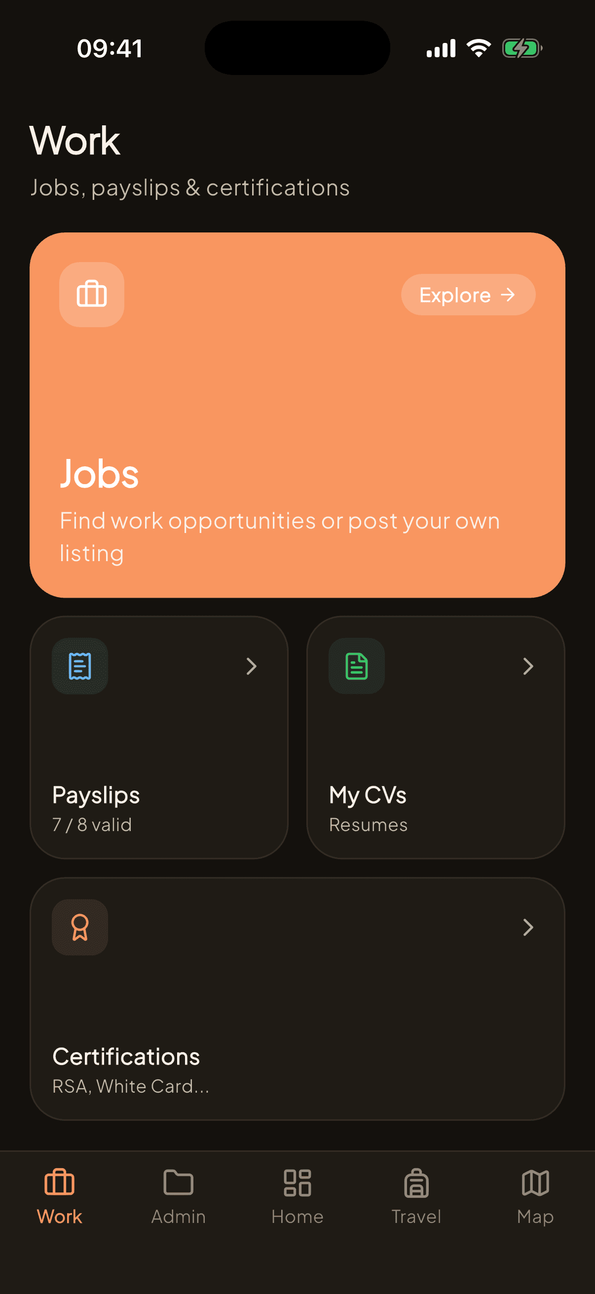 Espace travail : jobs, fiches de paie, CV et certifications